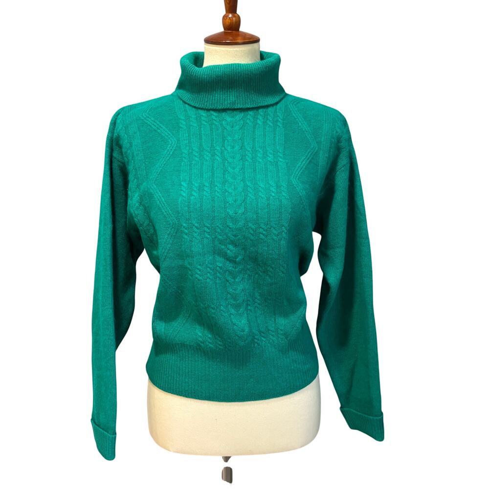 VTG Angora Teal Green Cable Knit Turtleneck Sweater Grunge Fairycore Preppy M